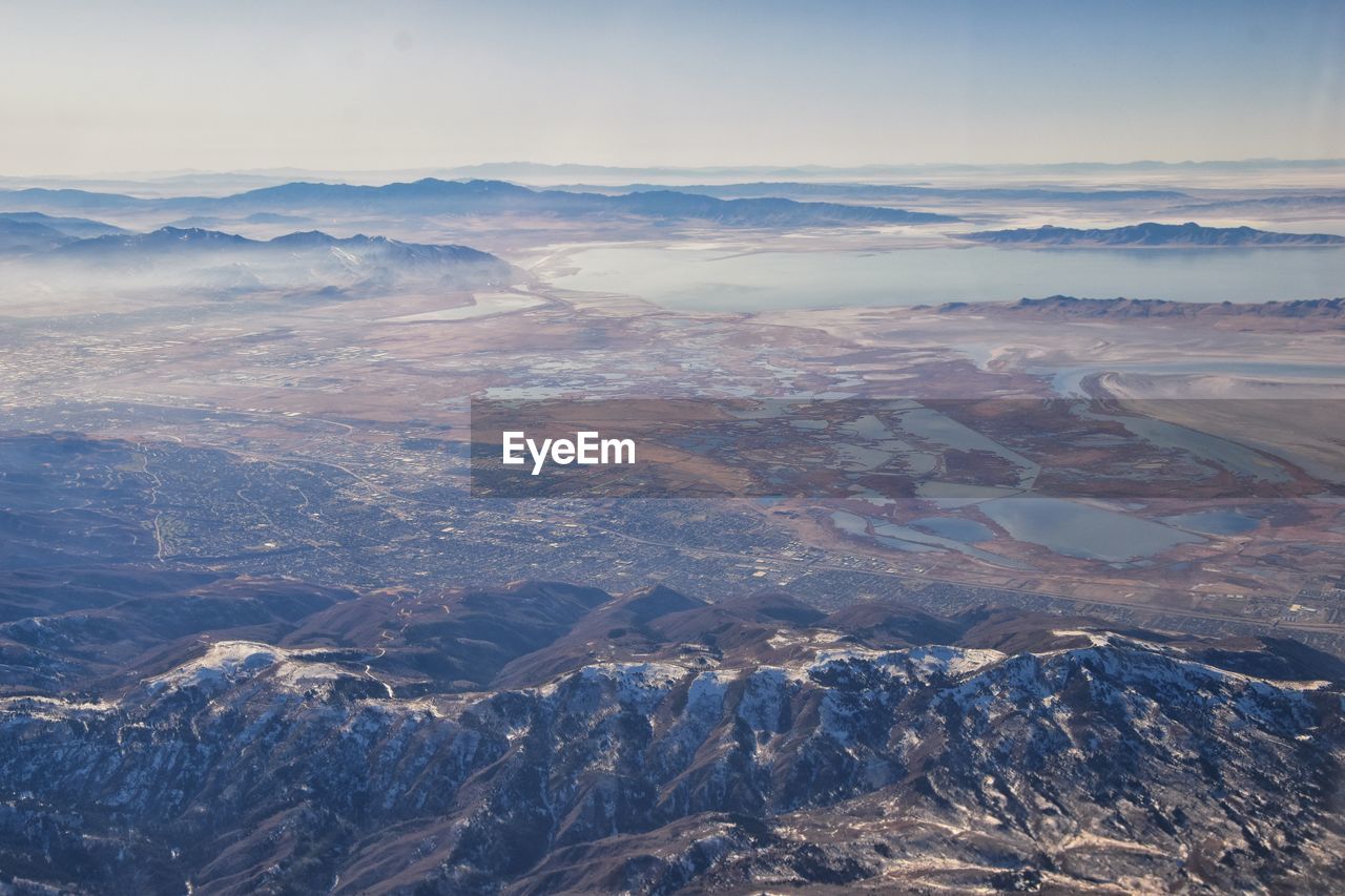 Wasatch front rocky mountain range aerial view from airplane in fall salt lake salt lake city utah