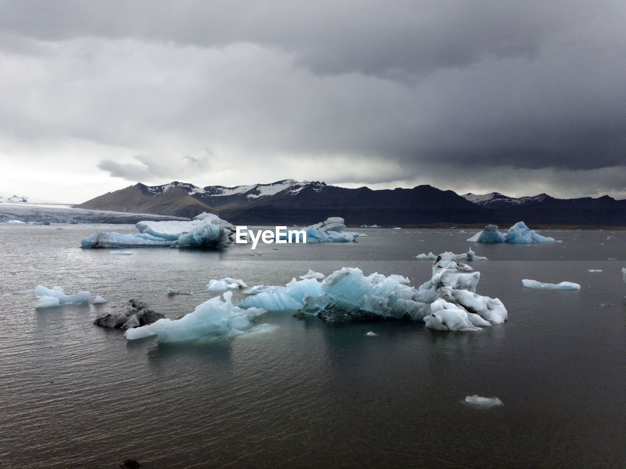 Icebergs at beach against sky