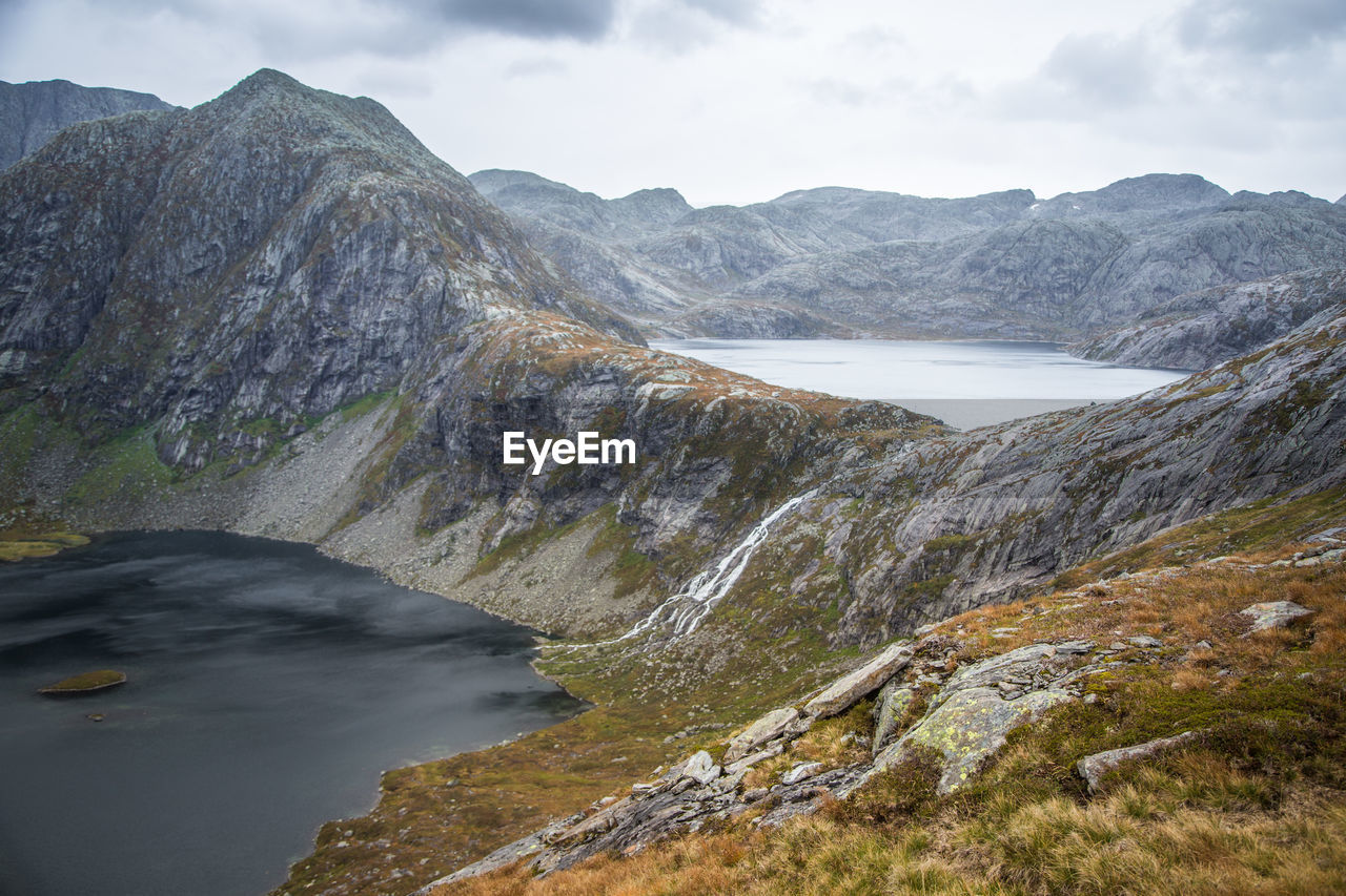 Scenic view of lake by mountains against sky