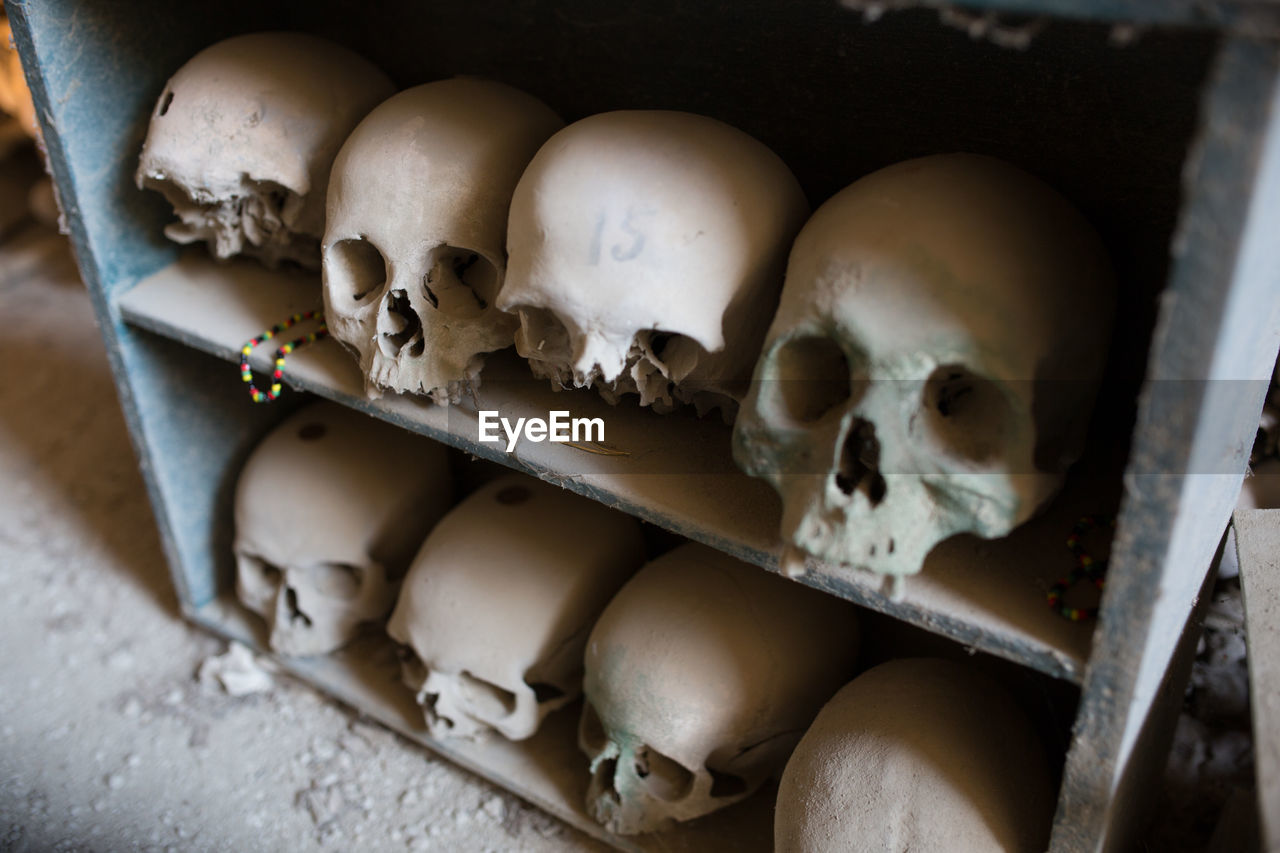 HIGH ANGLE VIEW OF HUMAN SKELETON IN KITCHEN