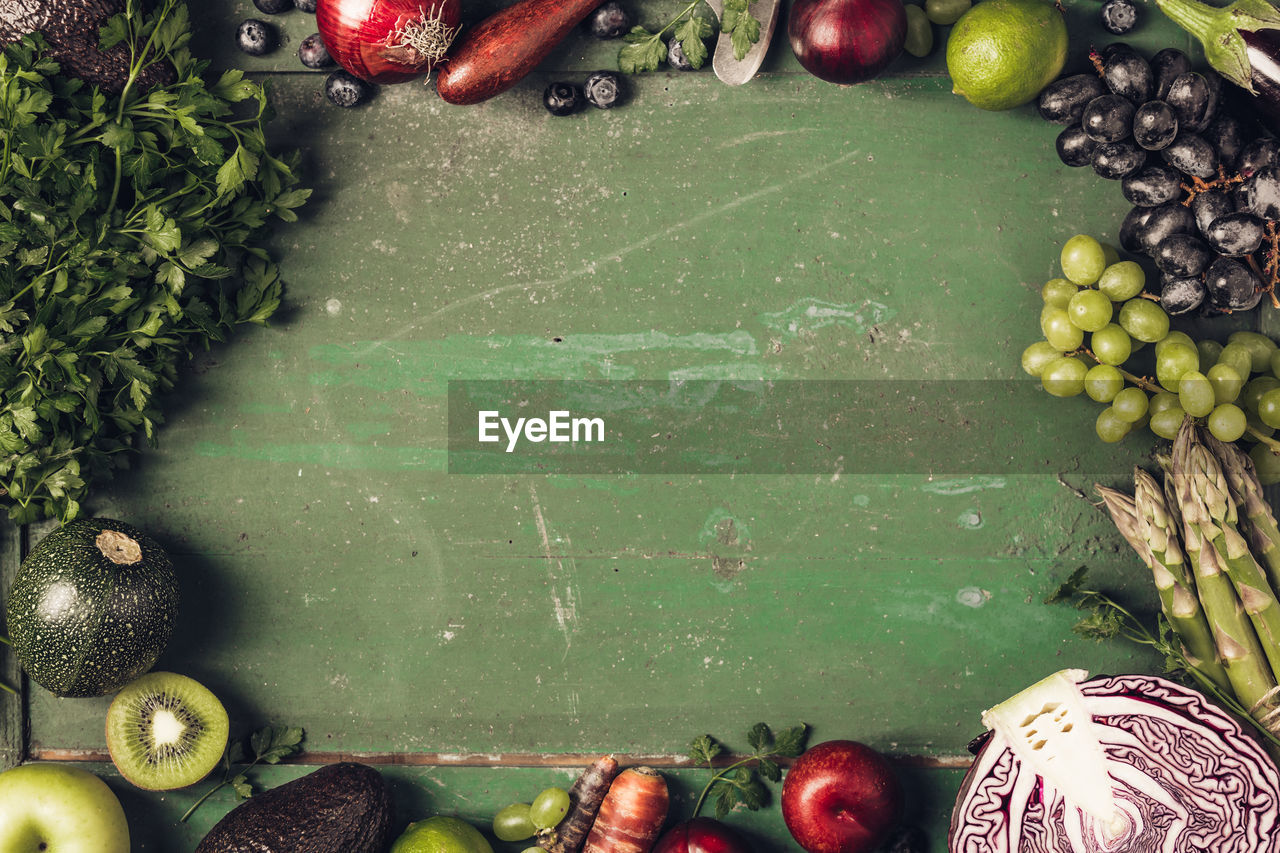 High angle view of vegetables and fruits on table