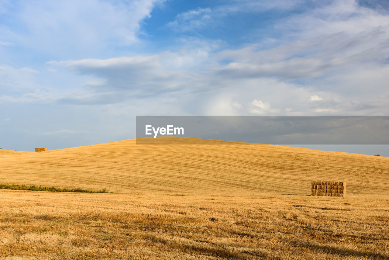 Scenic view of grassy field against cloudy sky