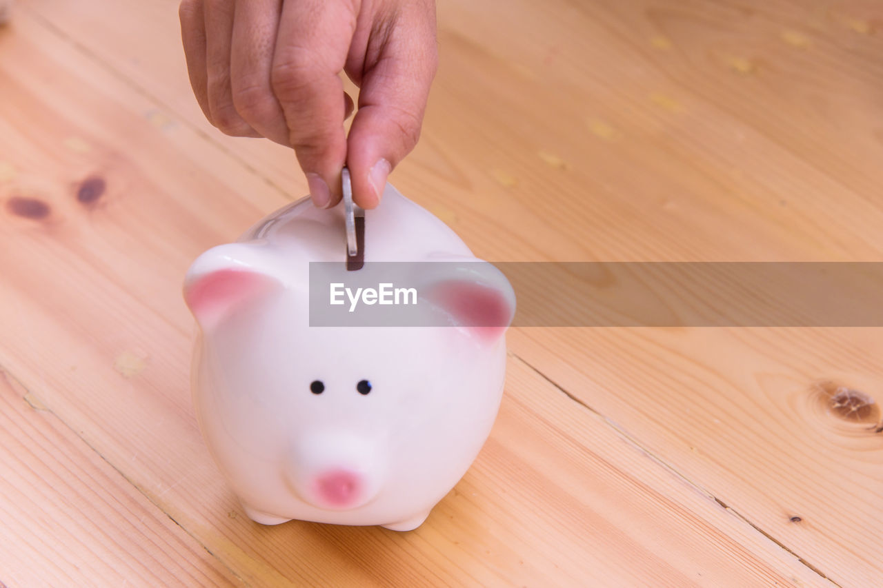 Cropped hand of man putting coin in piggy bank on table