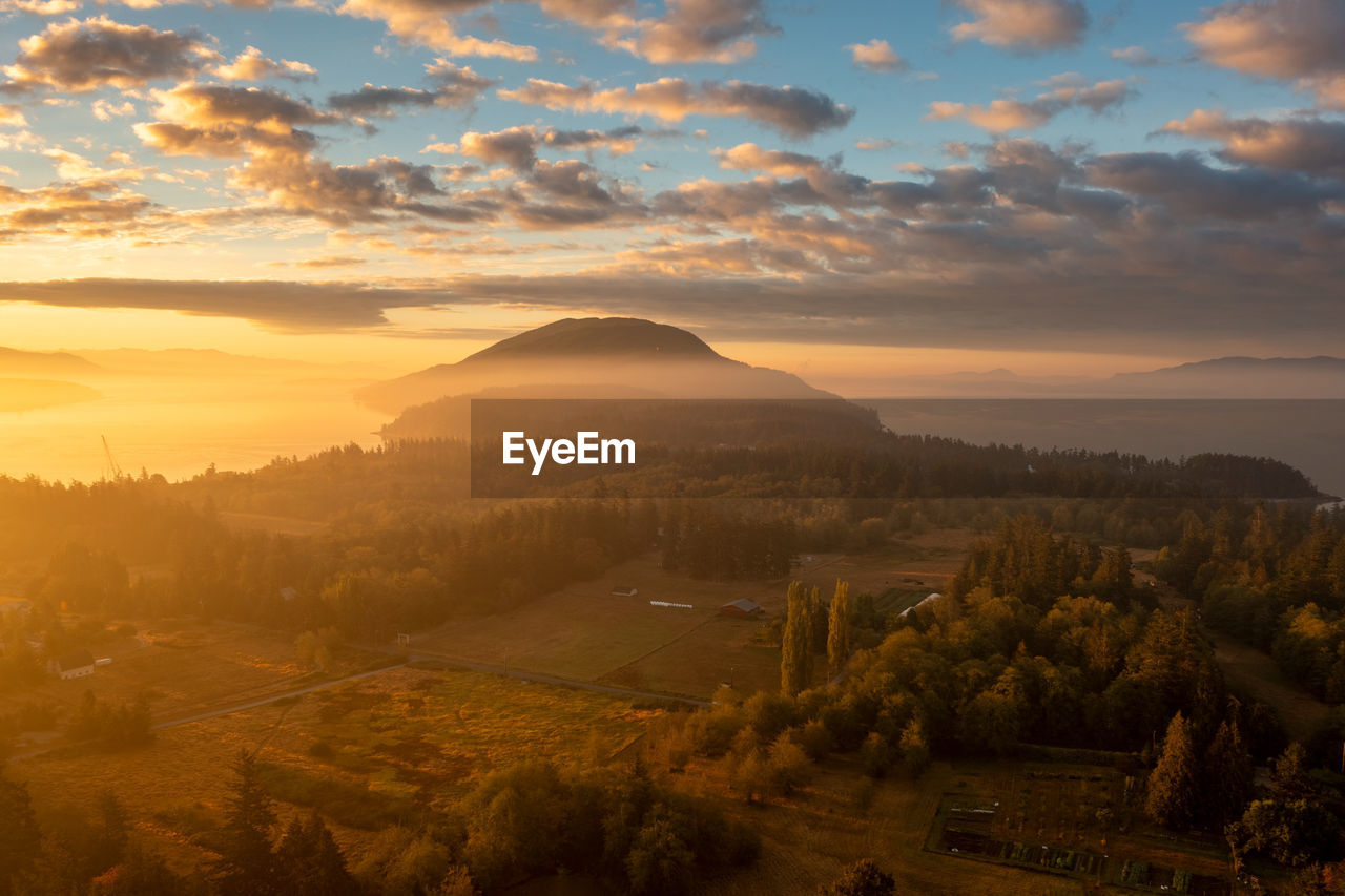 high angle view of landscape against sky during sunset