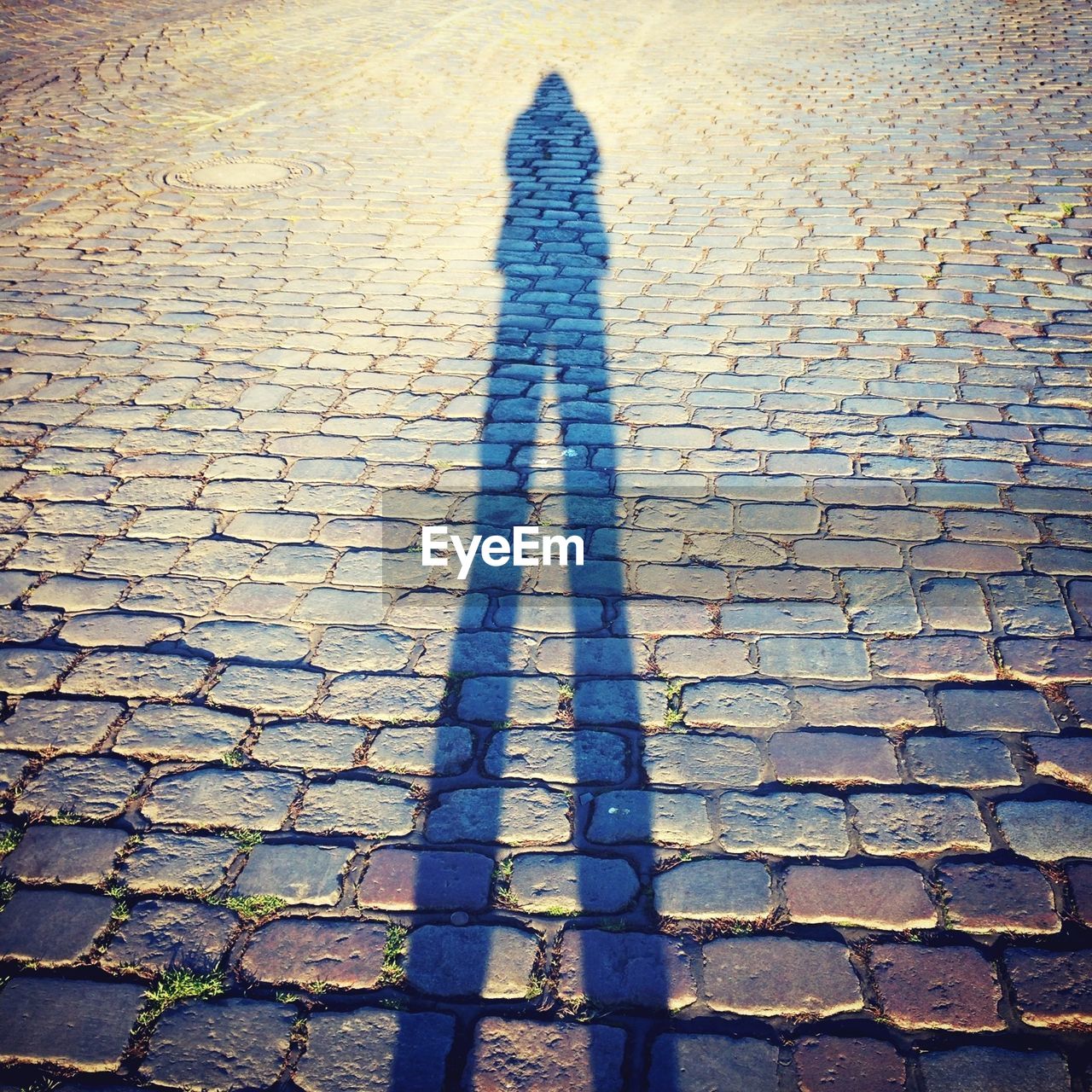 High angle view of shadow on cobbled street