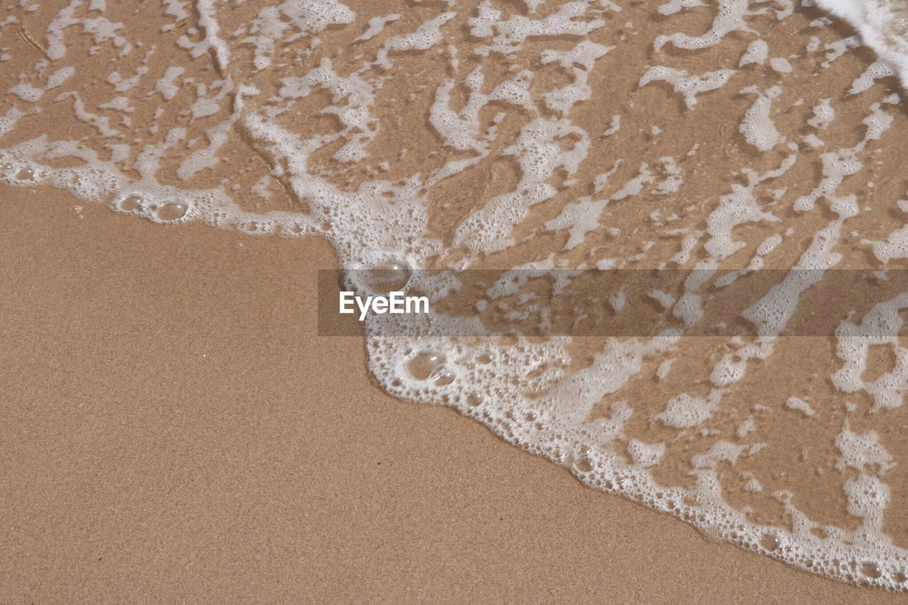 HIGH ANGLE VIEW OF SURF ON SAND