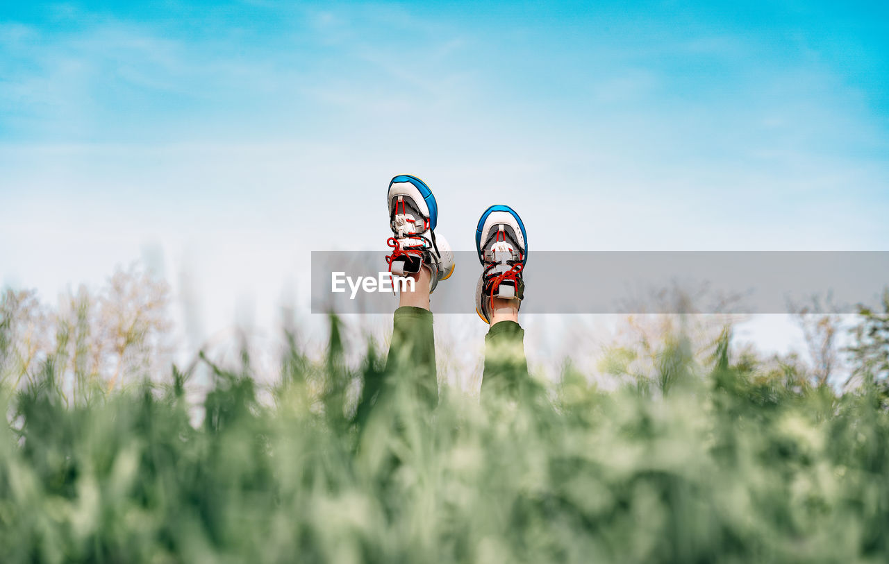 Person lying in tall grass. legs with sneakers pointed at sky
