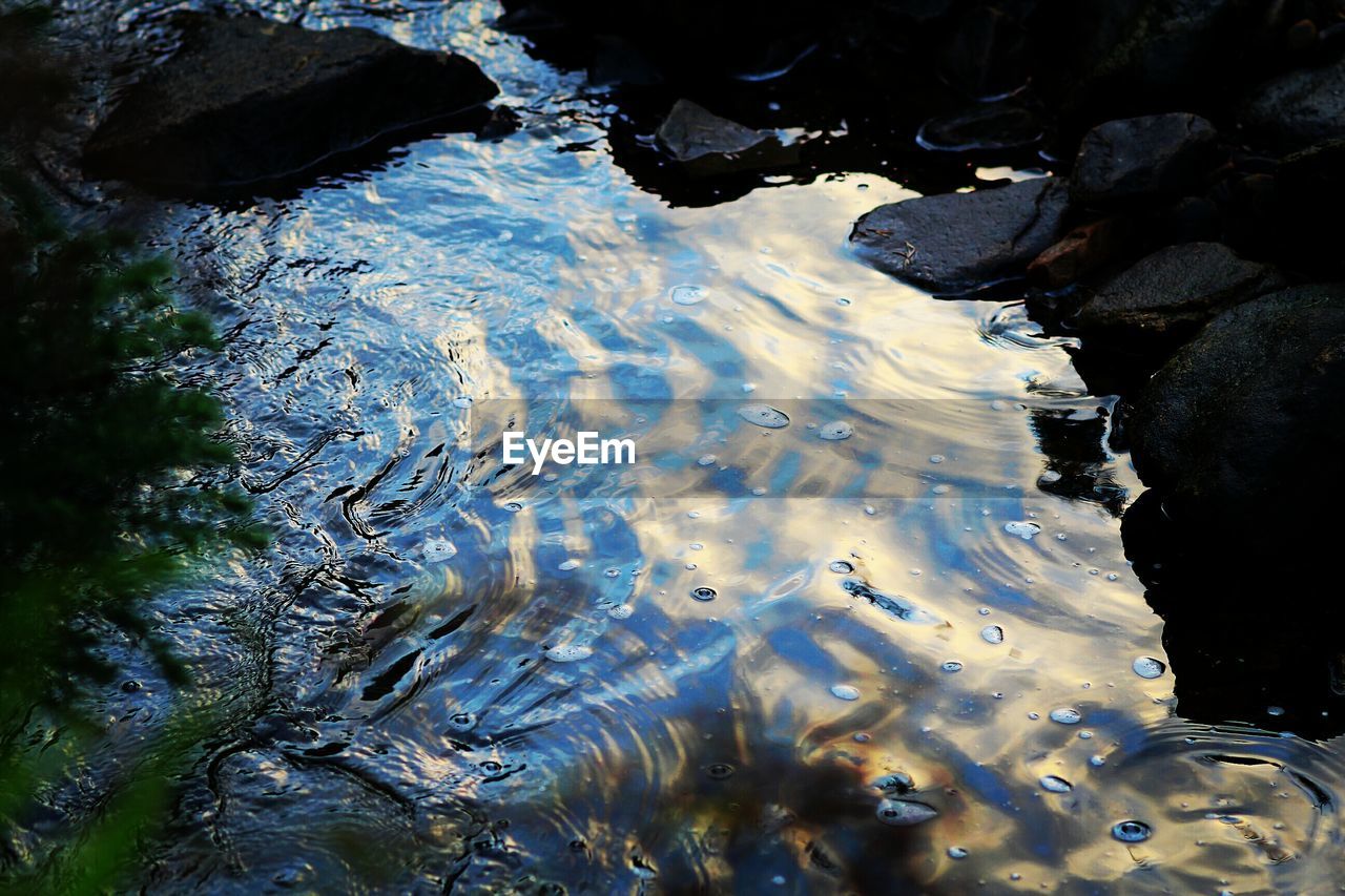 High angle view of water flowing by rocks