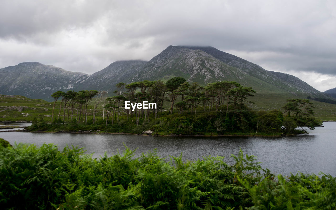 Scenic view of lake and mountains against sky