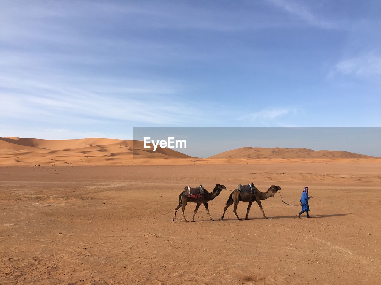 MAN ON SAND DUNES AT DESERT AGAINST SKY