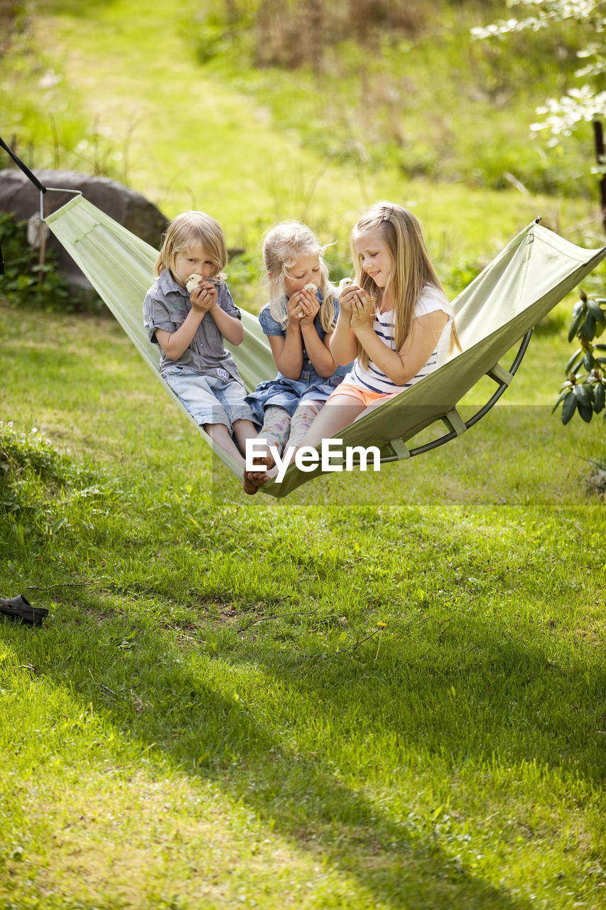 Three girls sitting in hammock holding young chickens