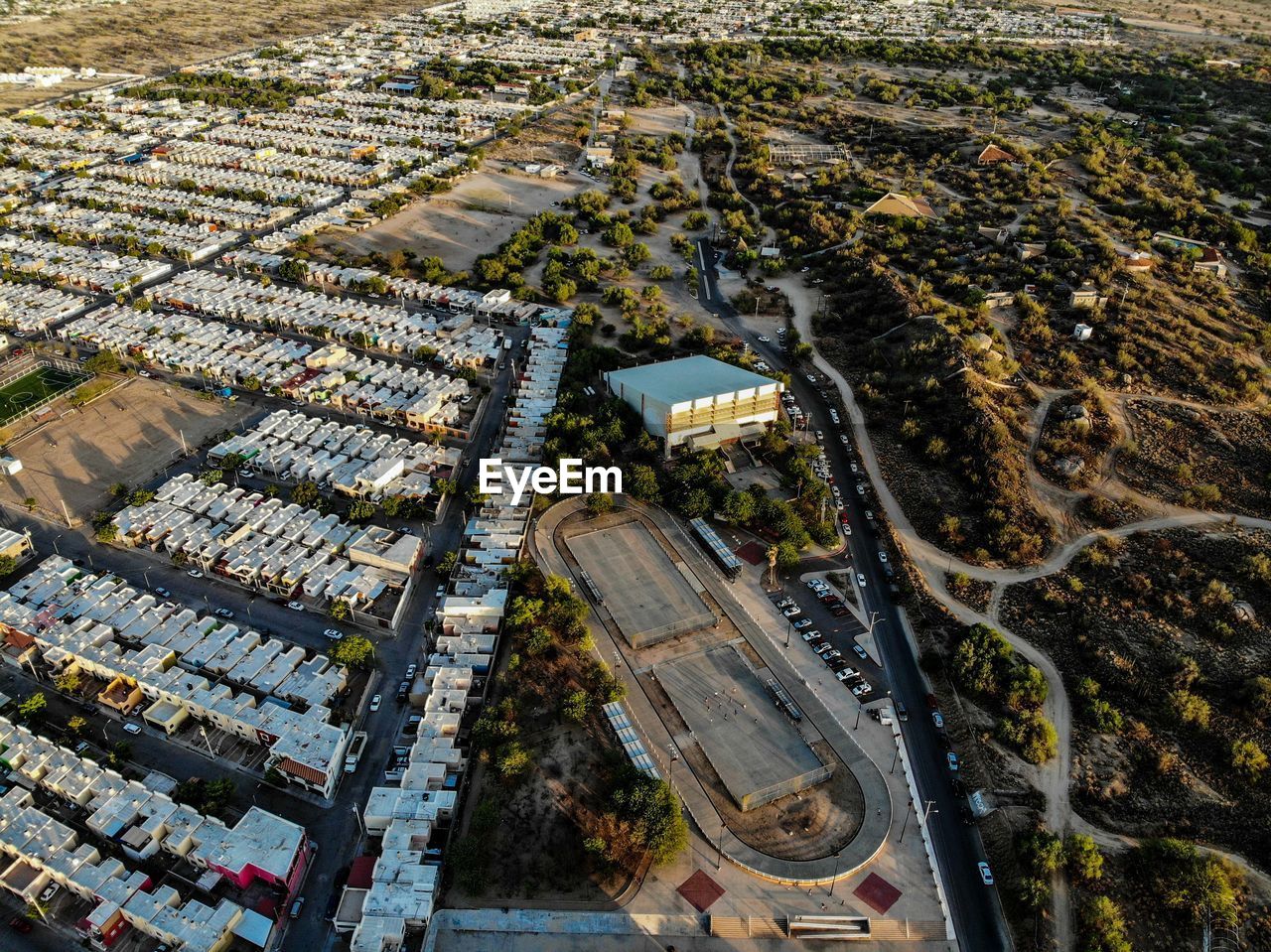 High angle view of road amidst buildings in city