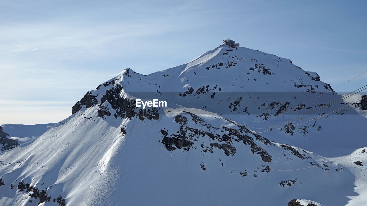 Aerial view of snowcapped mountain against sky