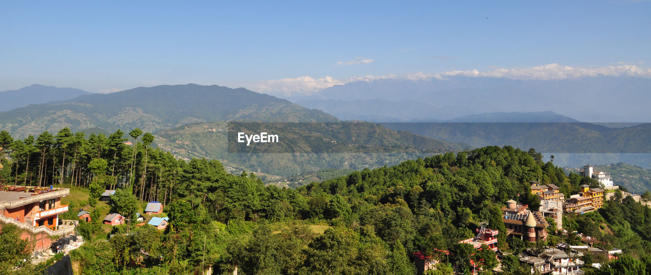 High angle view of buildings and trees on mountains at nagarkot