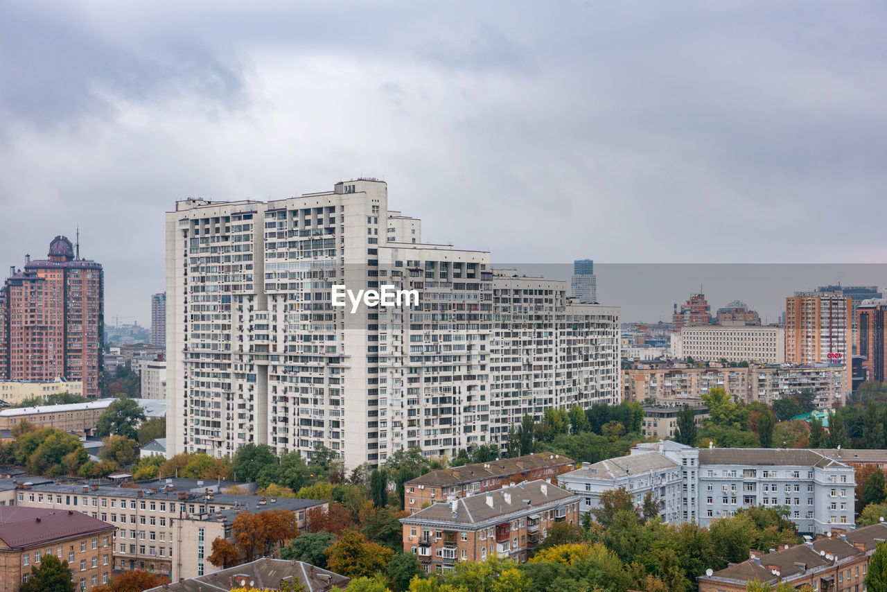 Aerial view of the city center of kiev, ukraine and the panorama apartment building 