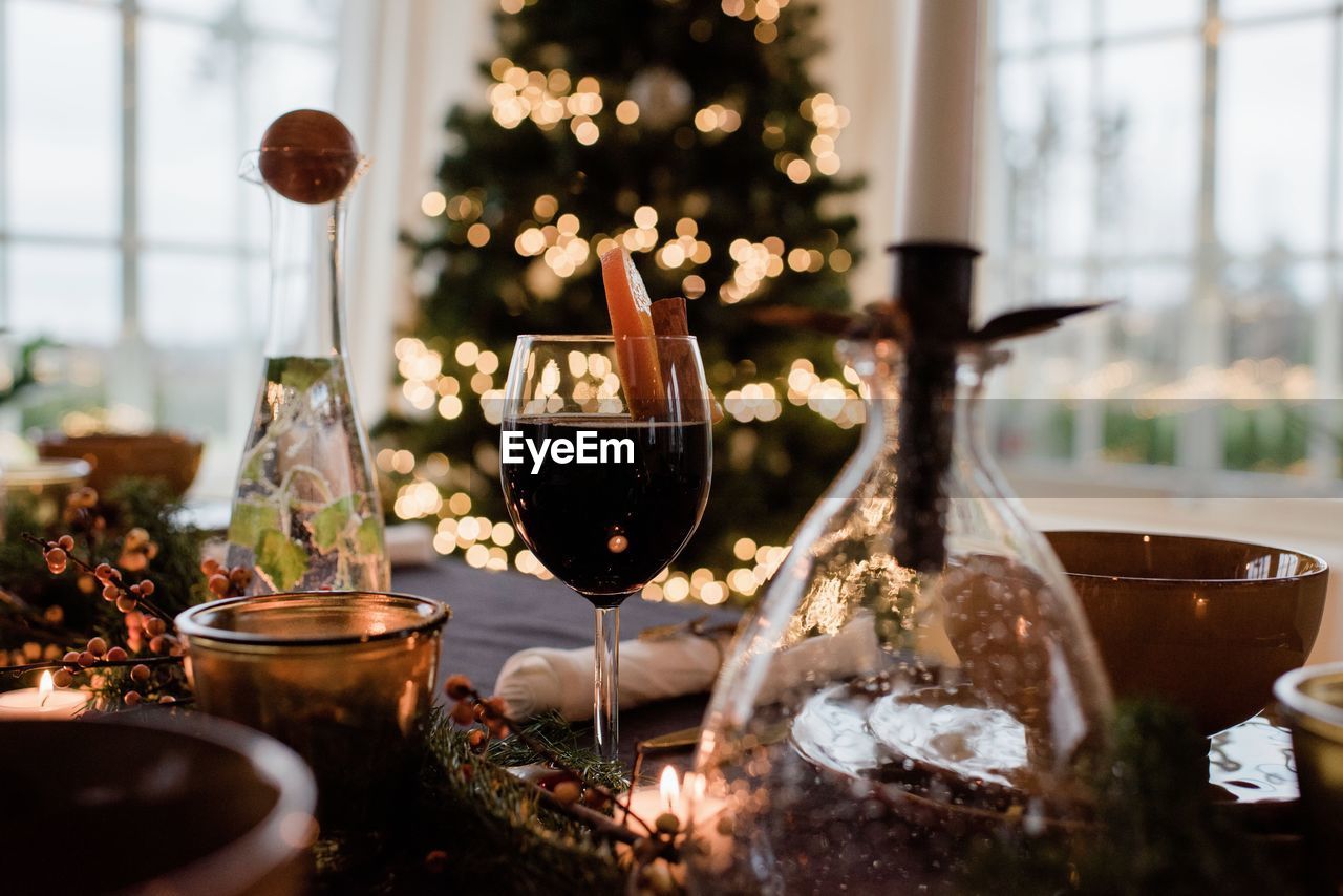 Traditional swedish glogg drink on a decorated table at christmas