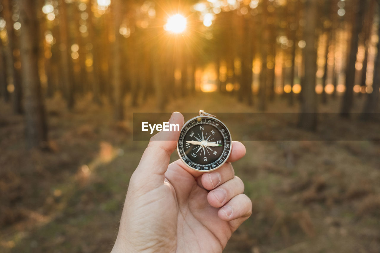 Cropped hand holding navigational compass