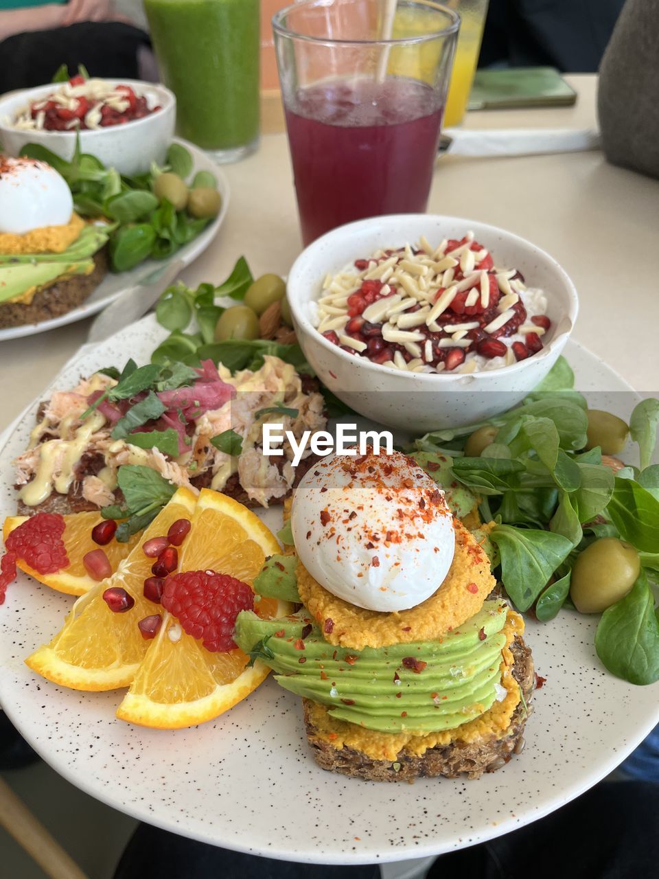 food and drink, food, healthy eating, fruit, freshness, dish, vegetable, meal, wellbeing, salad, lunch, fast food, brunch, cuisine, plate, no people, breakfast, high angle view, produce, indoors, citrus fruit, table, dairy, egg, herb, appetizer, serving size