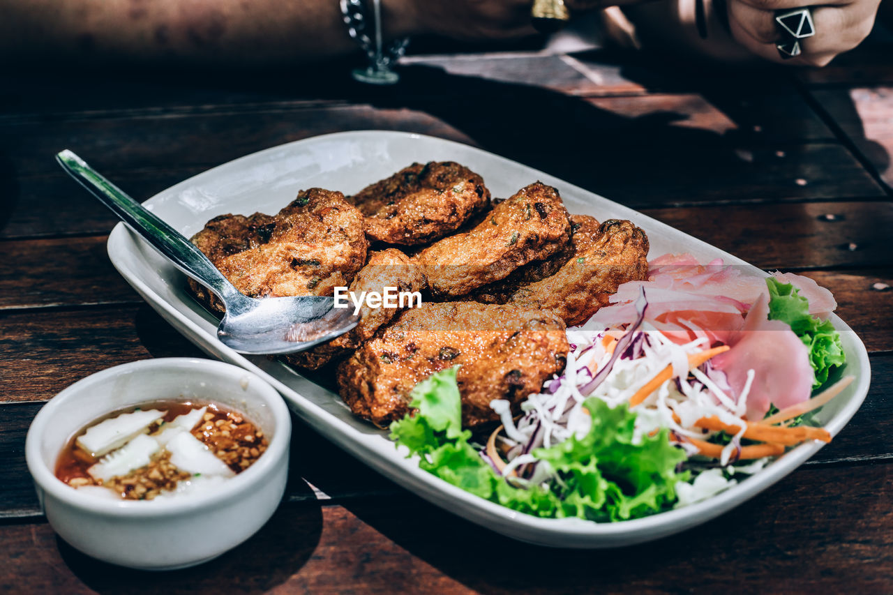 High angle view of food in plate on table