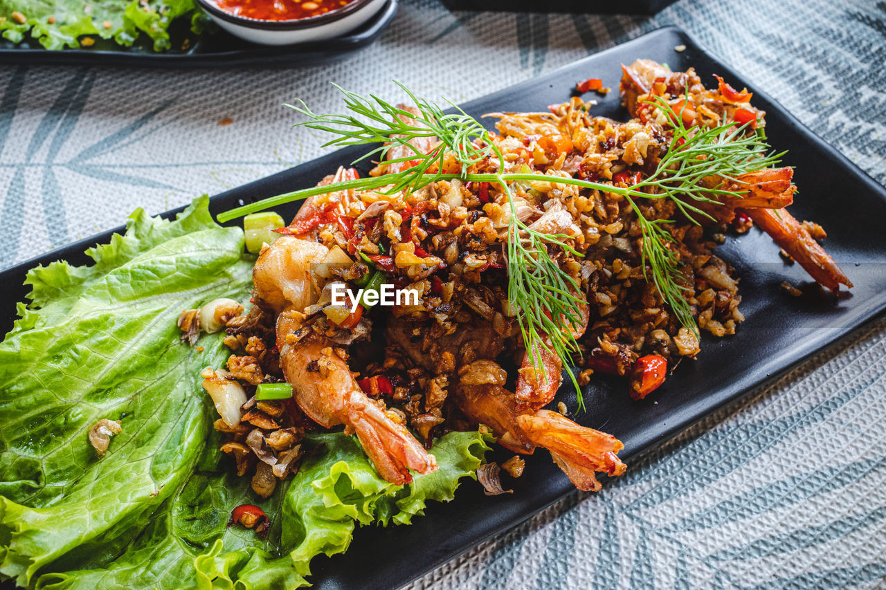 High angle view of food in plate on table