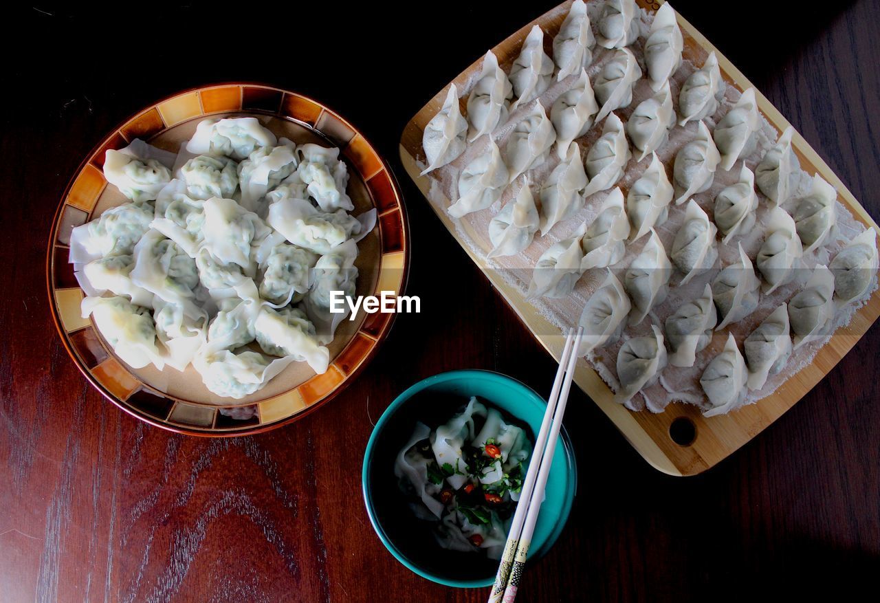High angle view of chinese dumplings on table