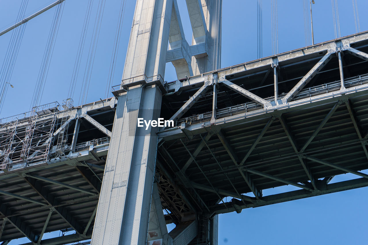Low angle view of suspension bridge against sky