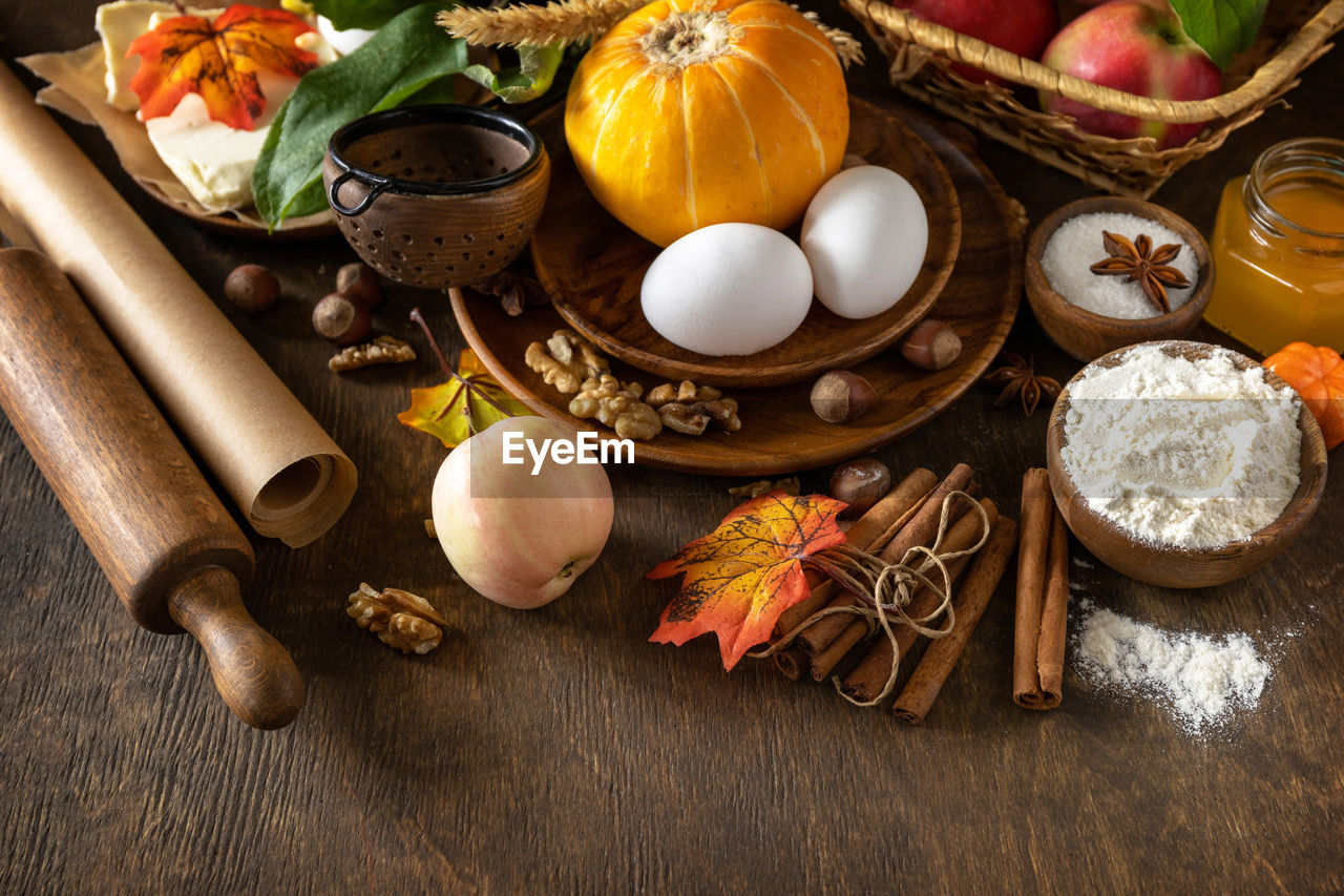 Seasonal food autumn baking background - ingredients for baking. 