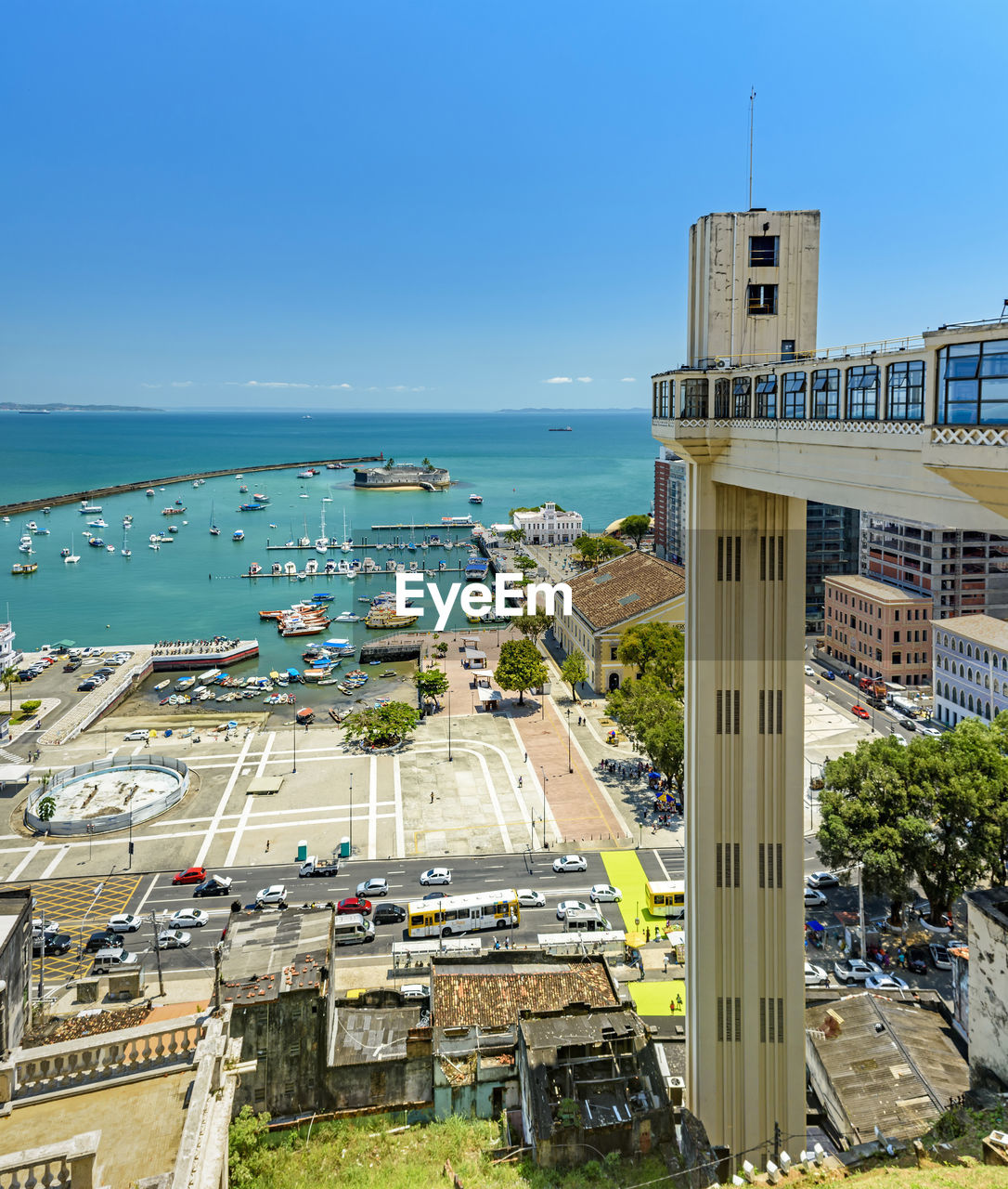 View of the bay of all saints with boats and lacerda elevator in the city of salvador in bahia