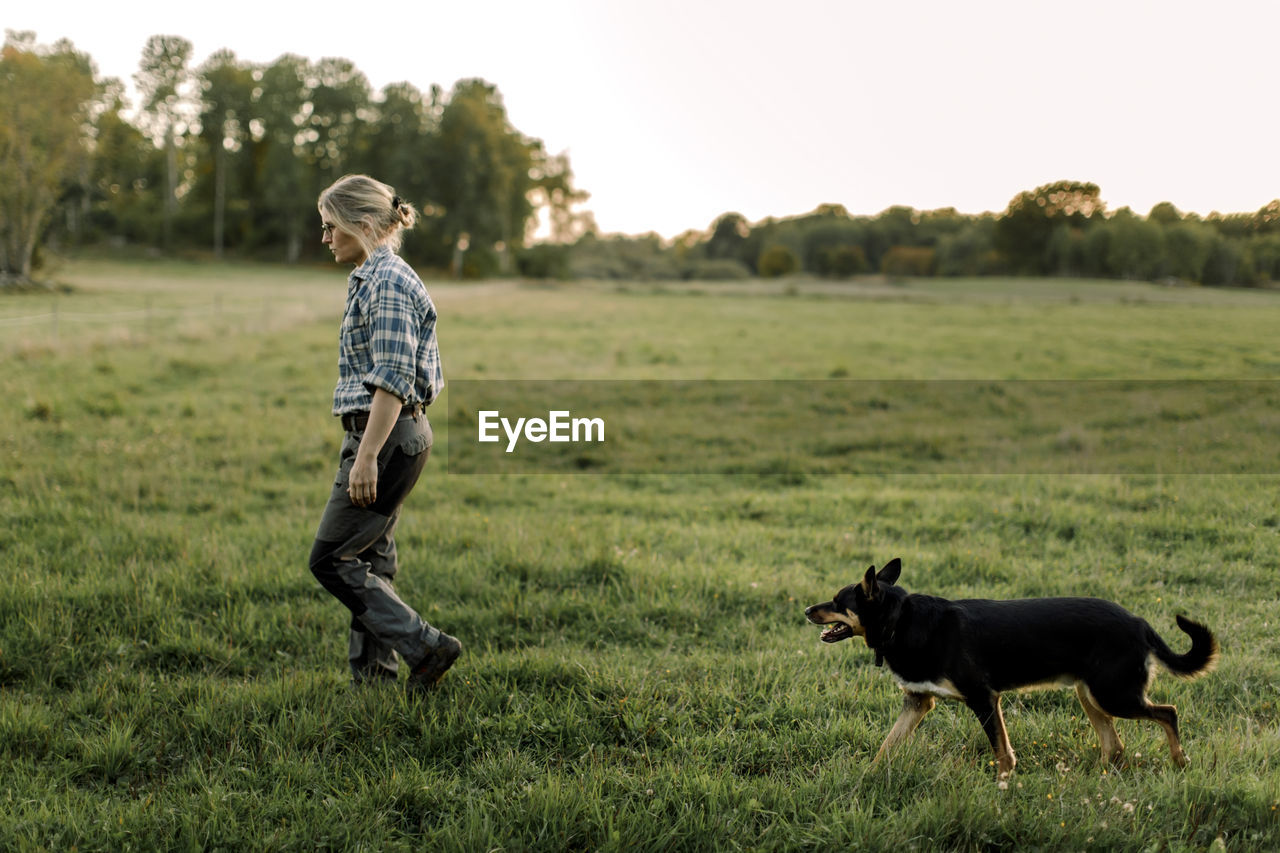 Female farmer with dog walking on field during sunset