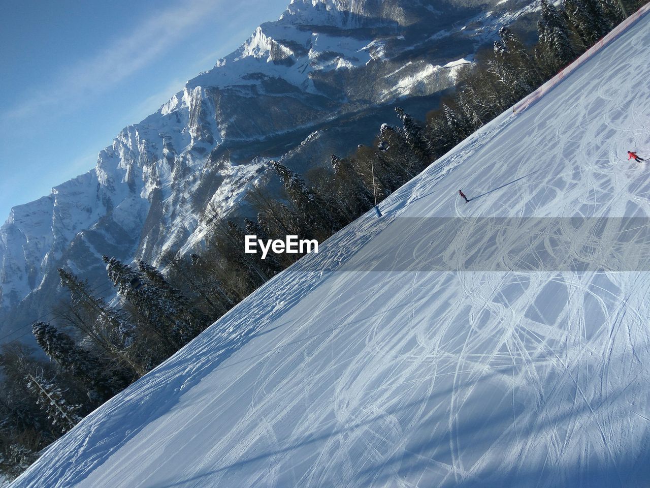 Aerial view of snowcapped mountains against sky