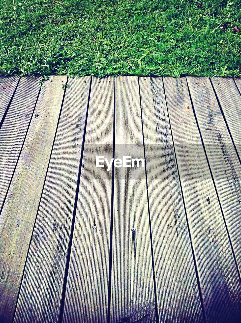 Wooden platform on grass