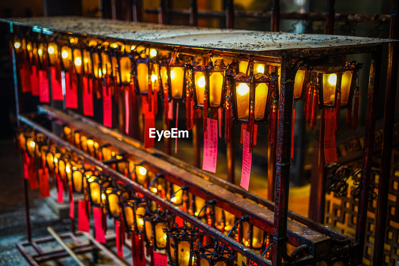 Illuminated lanterns with paper at temple