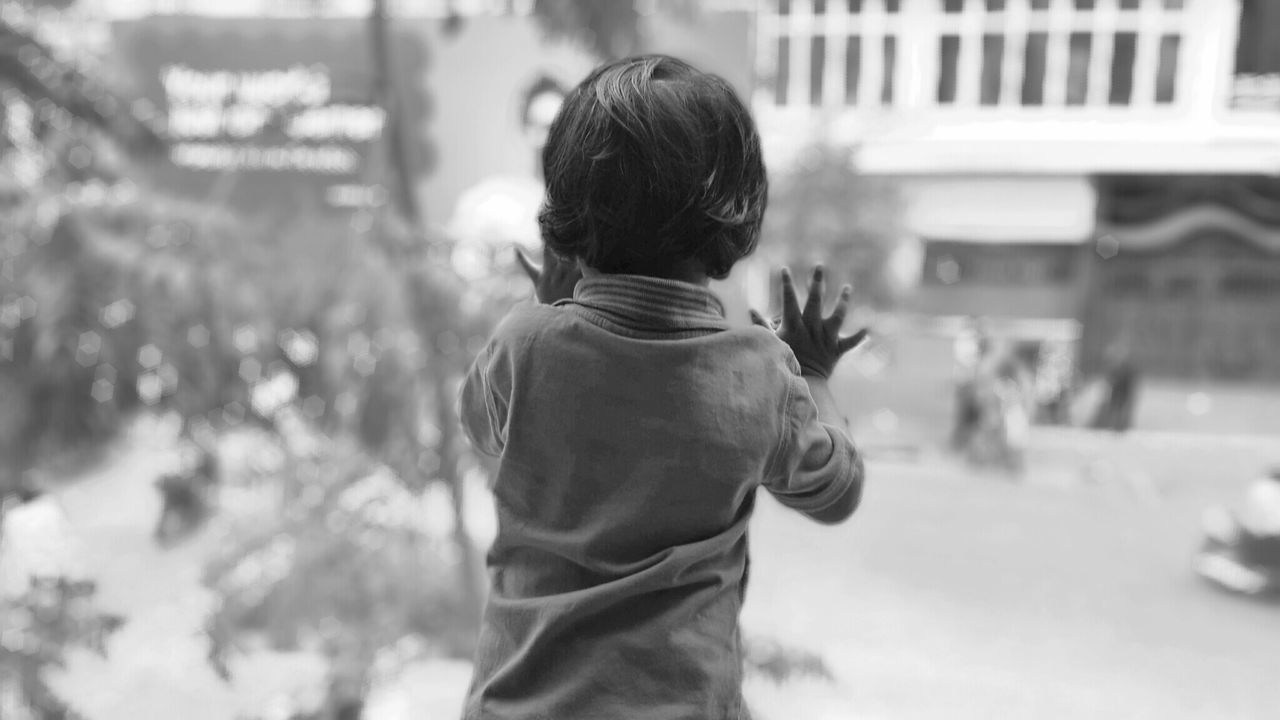 Rear view of girl looking through glass wall