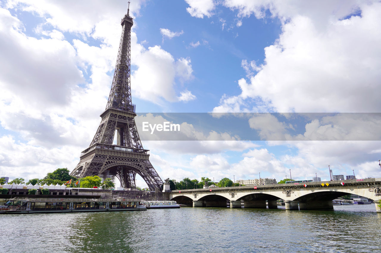 The eiffel tower and pont d'iena bridge on the seine in paris, france