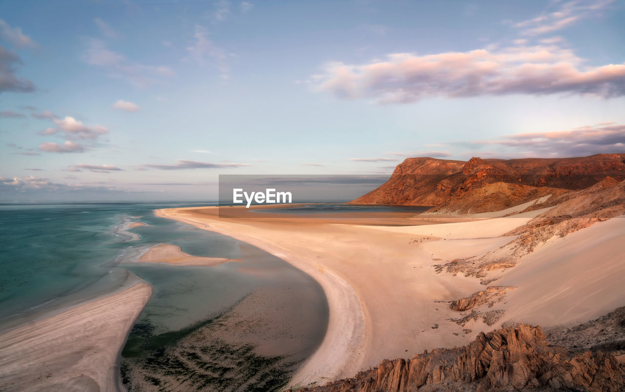 Scenic view of beach against sky during sunset