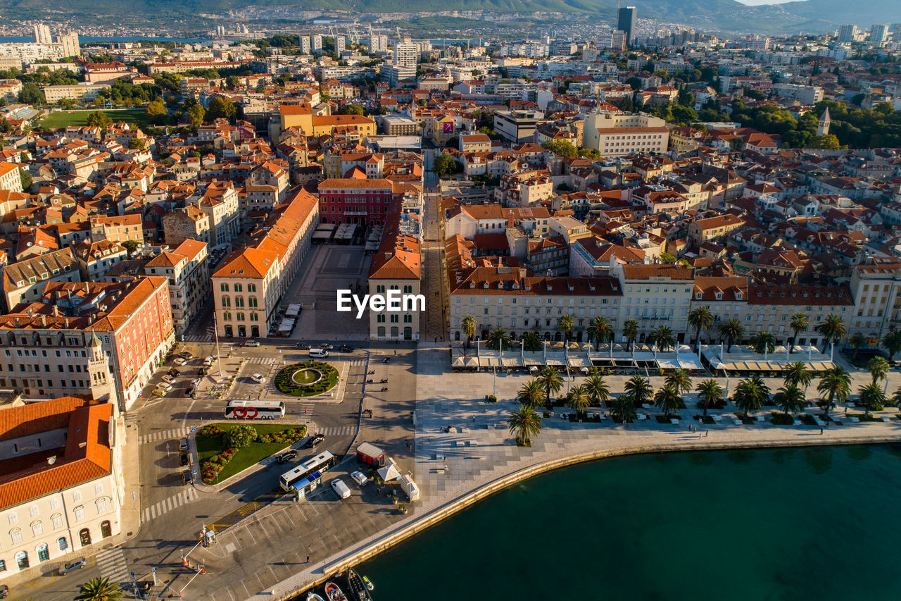 High angle view of city buildings