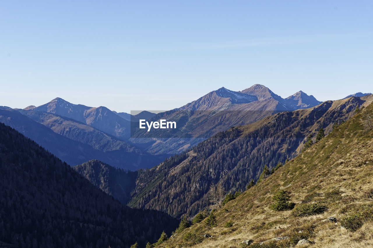 Scenic view of mountains against clear blue sky