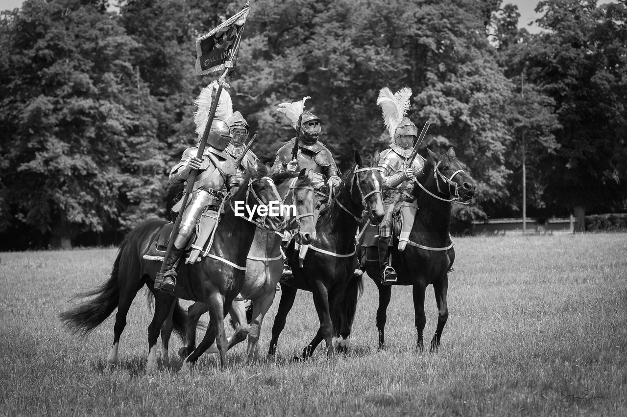 Men riding horses on field against trees