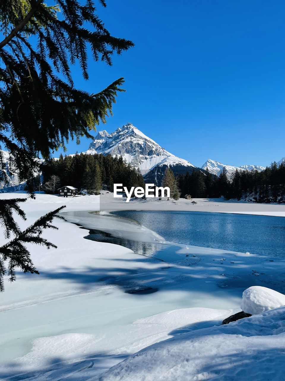 SCENIC VIEW OF FROZEN LAKE AGAINST CLEAR SKY