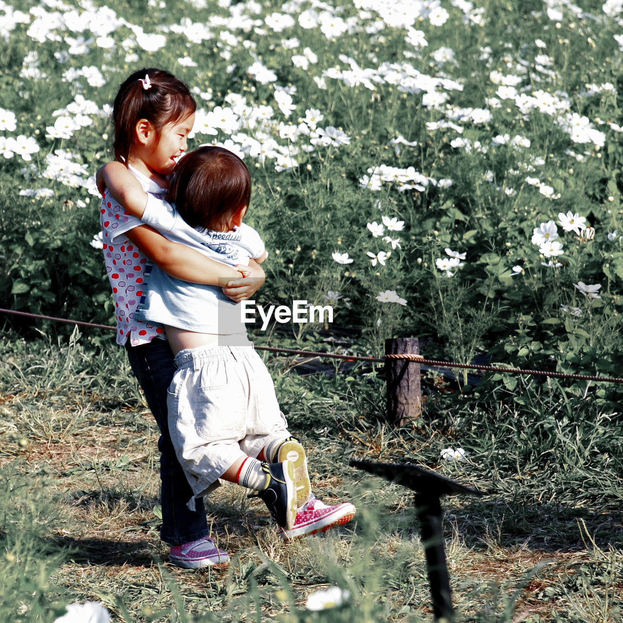 Full length of girl holding brother by flowers on field