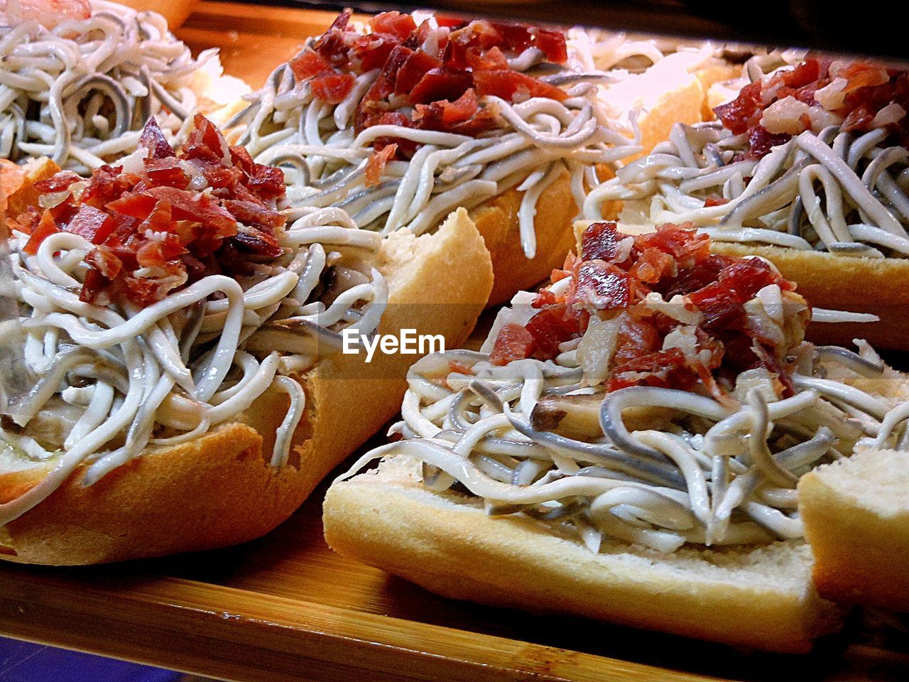 Close-up of gulas and bacon sandwiches