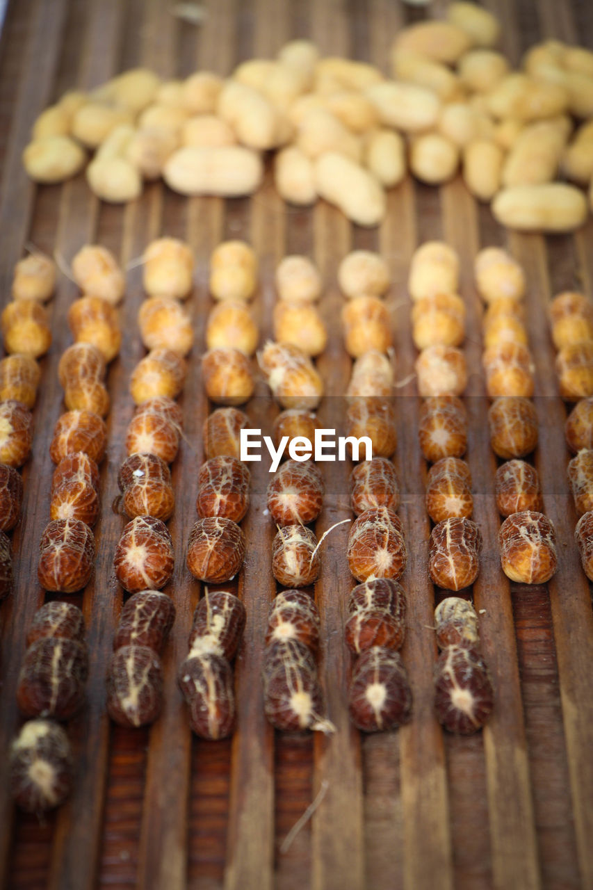 High angle view of peanuts on table