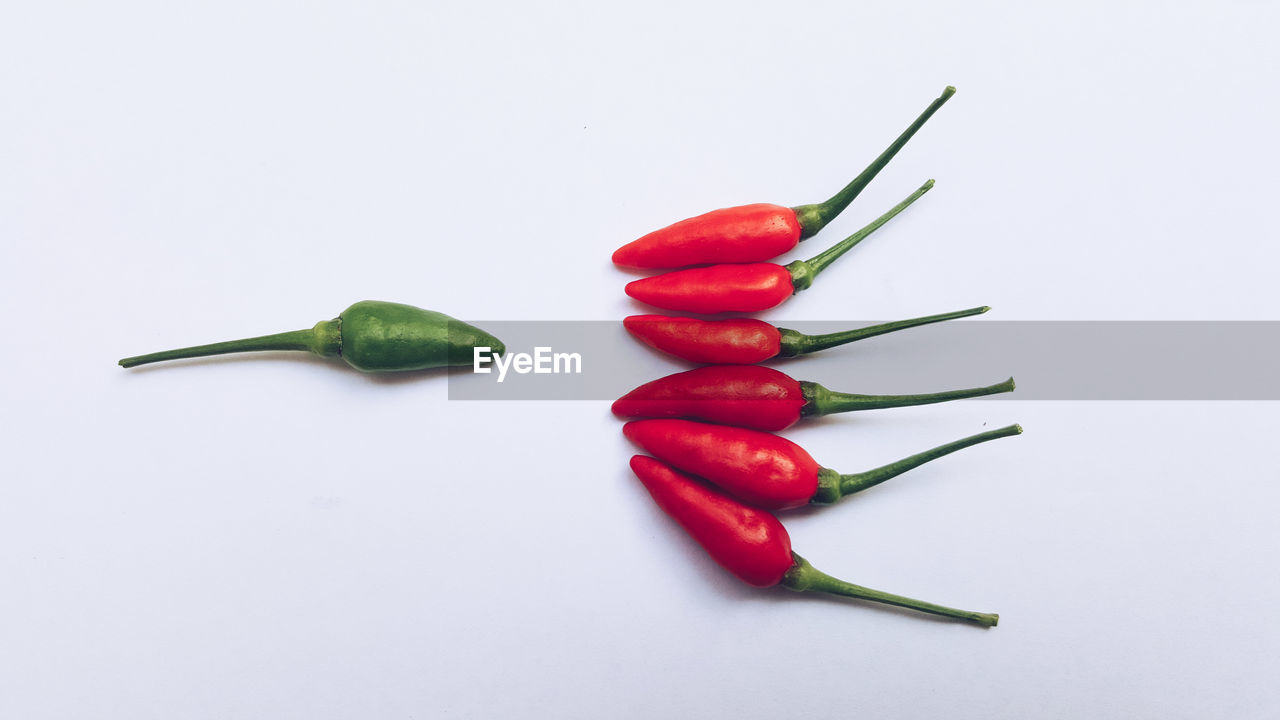 Close-up of chili peppers against white background