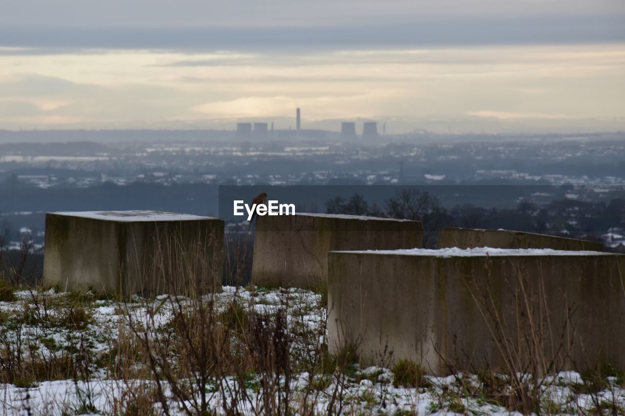 View over urban landscape on winter morning with kestrel perched in the foreground