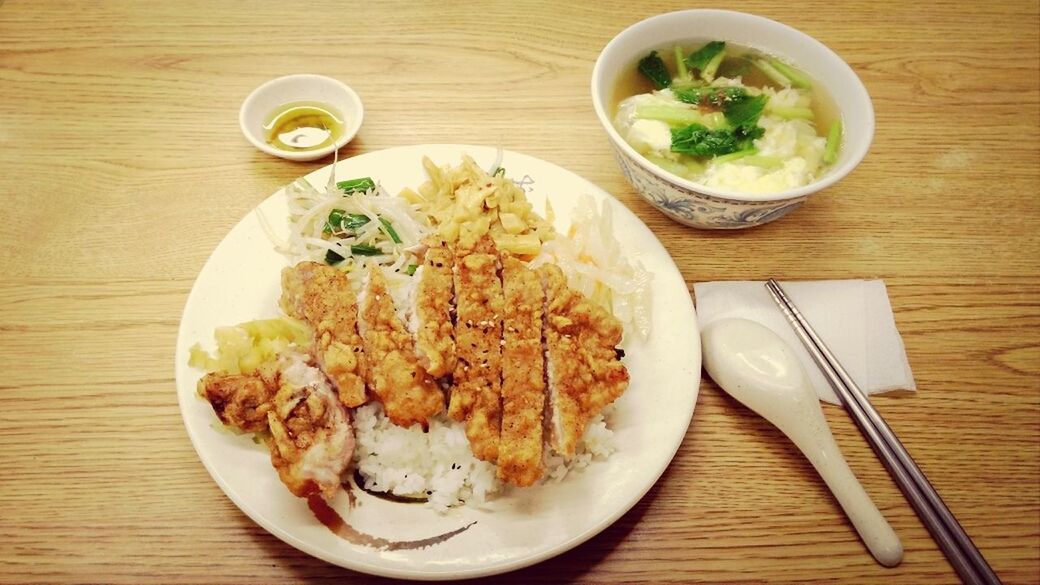 Fried chicken and chicken soup