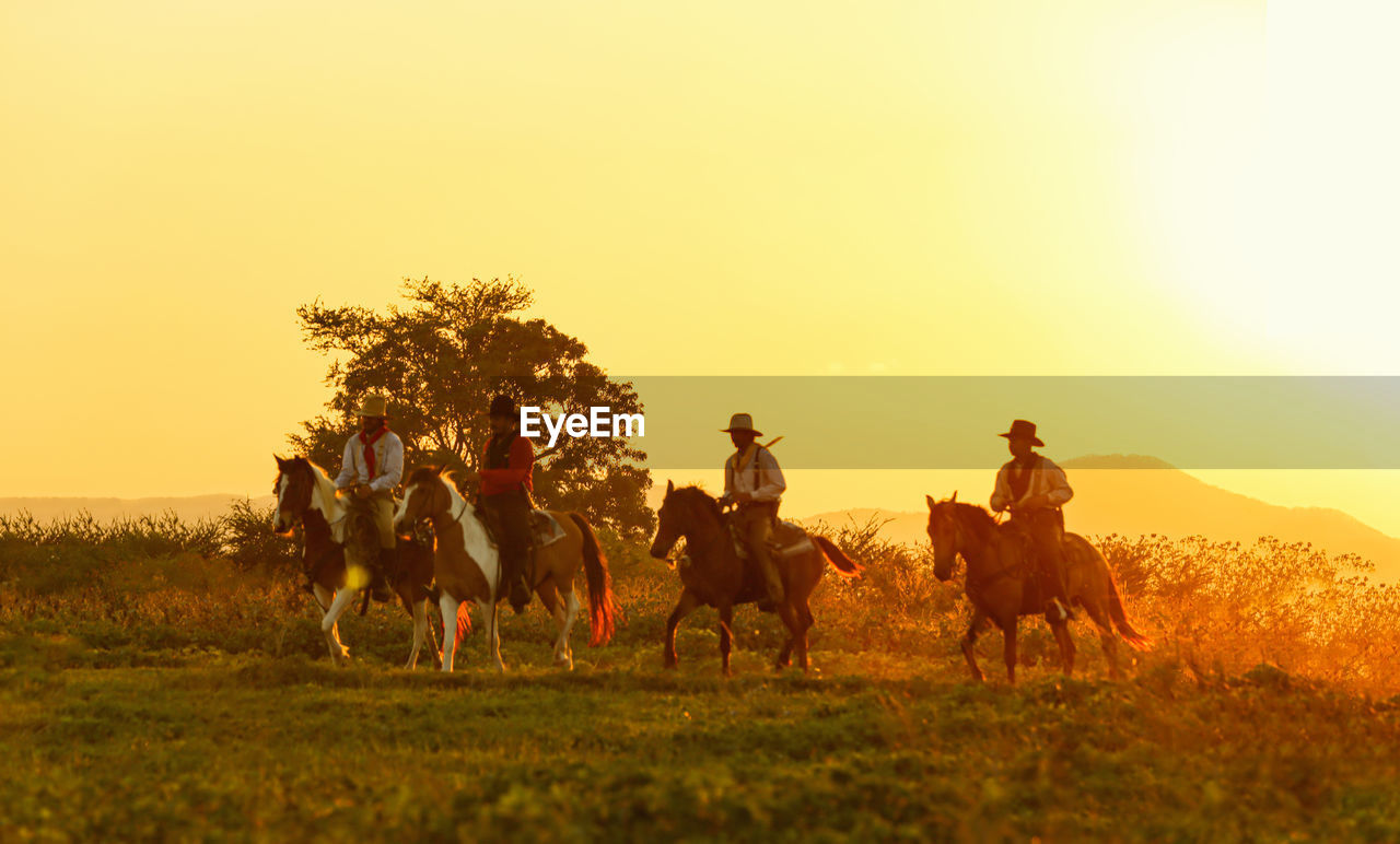 GROUP OF PEOPLE RIDING HORSES ON FIELD AGAINST SKY