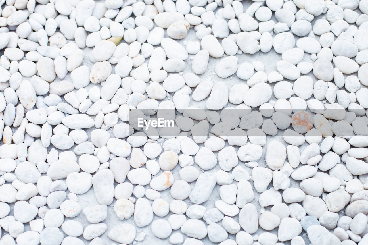 HIGH ANGLE VIEW OF WHITE STONES ON PEBBLES