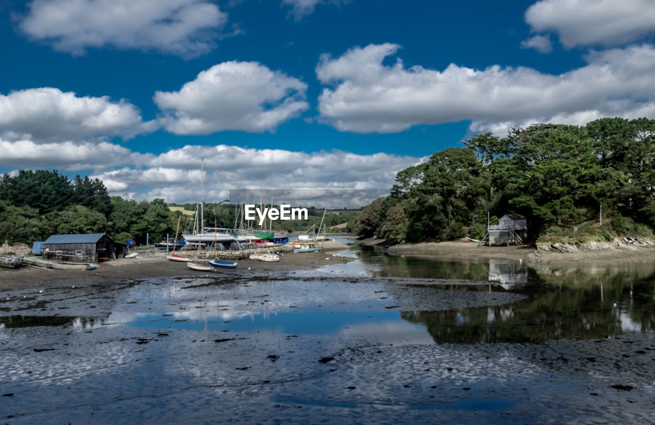 View of boats in river against cloudy sky