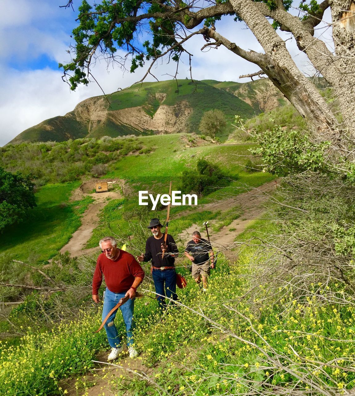 High angle view of men hiking amidst plants