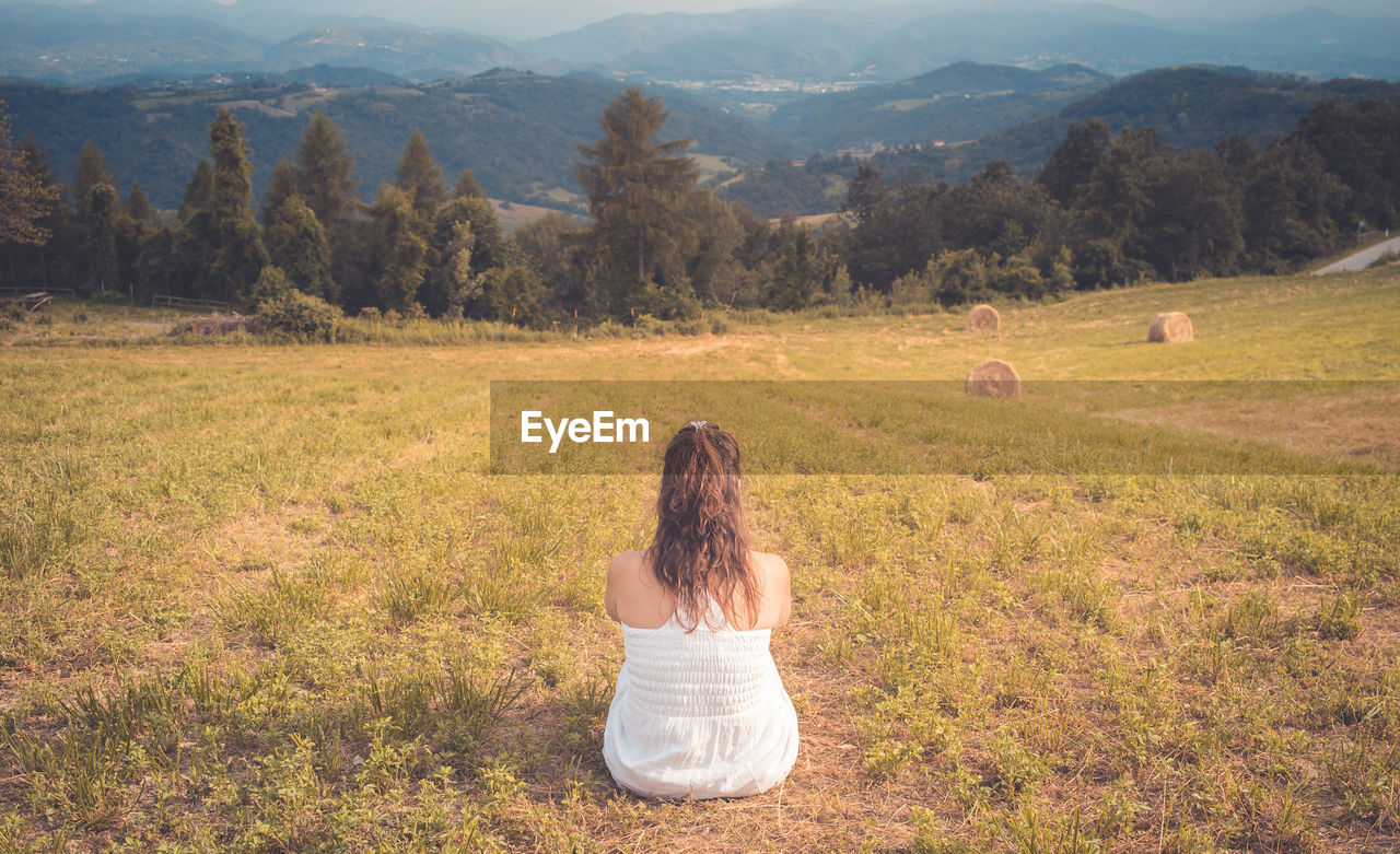 Rear view of woman sitting on field 